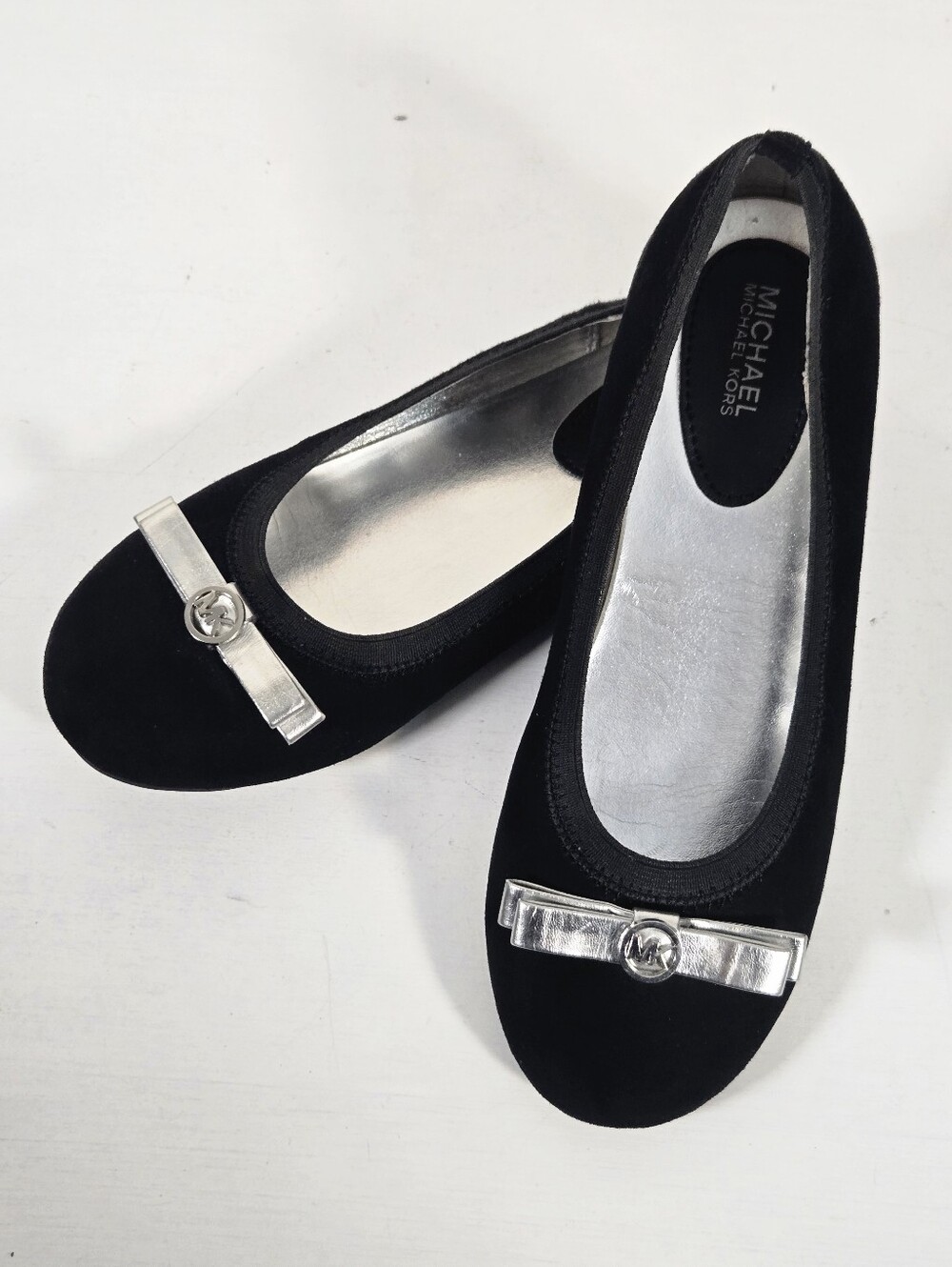 Michael Kors Kids Black Faux Suede Ballet Flats W/ Silver Bow, Size 4 ~ VGUC